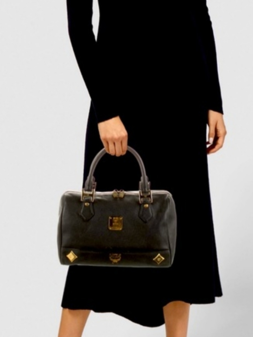 MCM Boston Bag With Gold Hardware Classic Black Leather Dome Satchel Handbag